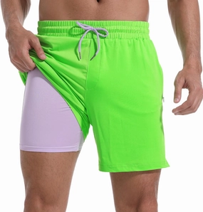 Mens Swim Trunks with Compression Liner 7" Board Shorts with Zipper Pockets 2 in 1 Quick Dry Bathing Suits