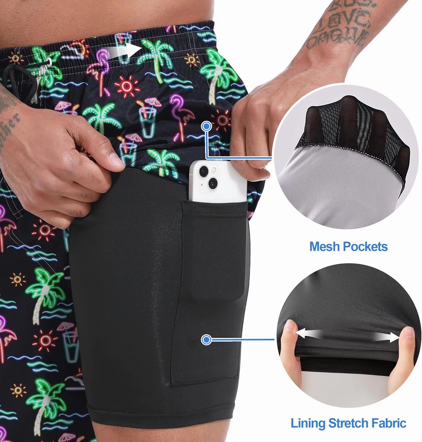 Mens Swim Trunks with Compression Liner 9" Board Shorts 2 in 1 Quick Dry Beach Swimwear Bathing Suits for Men