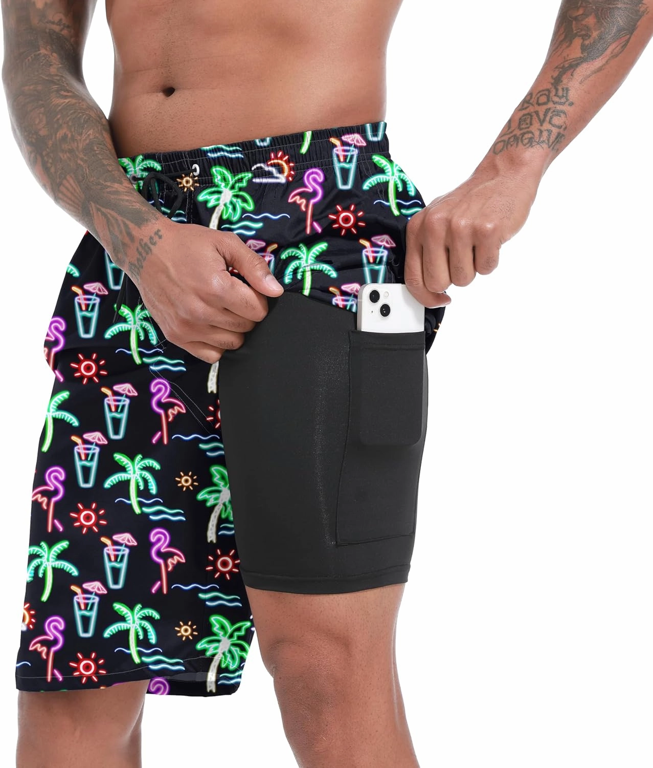 Mens Swim Trunks with Compression Liner 9" Board Shorts 2 in 1 Quick Dry Beach Swimwear Bathing Suits for Men