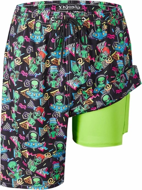 Mens Swim Trunks with Compression Liner 9" Stretch Board Shorts 2 in 1 Quick Dry Swimsuits Bathing Suits