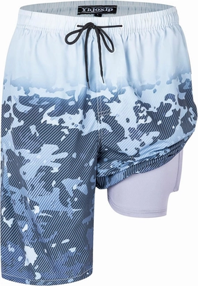 Mens Swim Trunks with Compression Liner 9" Stretch Board Shorts 2 in 1 Quick Dry Swimwear Bathing Suits