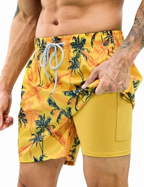 Mens Swim Trunks with Compression Liner Bathing Suits 2 Pack Quick Dry Stretch Beach Shorts 7 inch Inseam Swimwear
