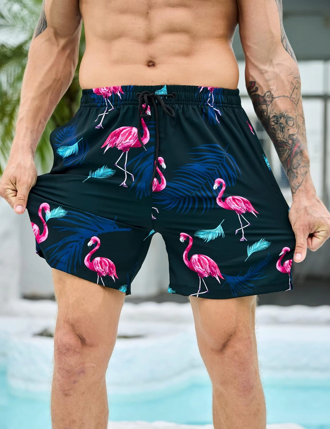 Mens Swim Trunks with Compression Liner Bathing Suits 2 Pack Quick Dry Stretch Beach Shorts 7 inch Inseam Swimwear