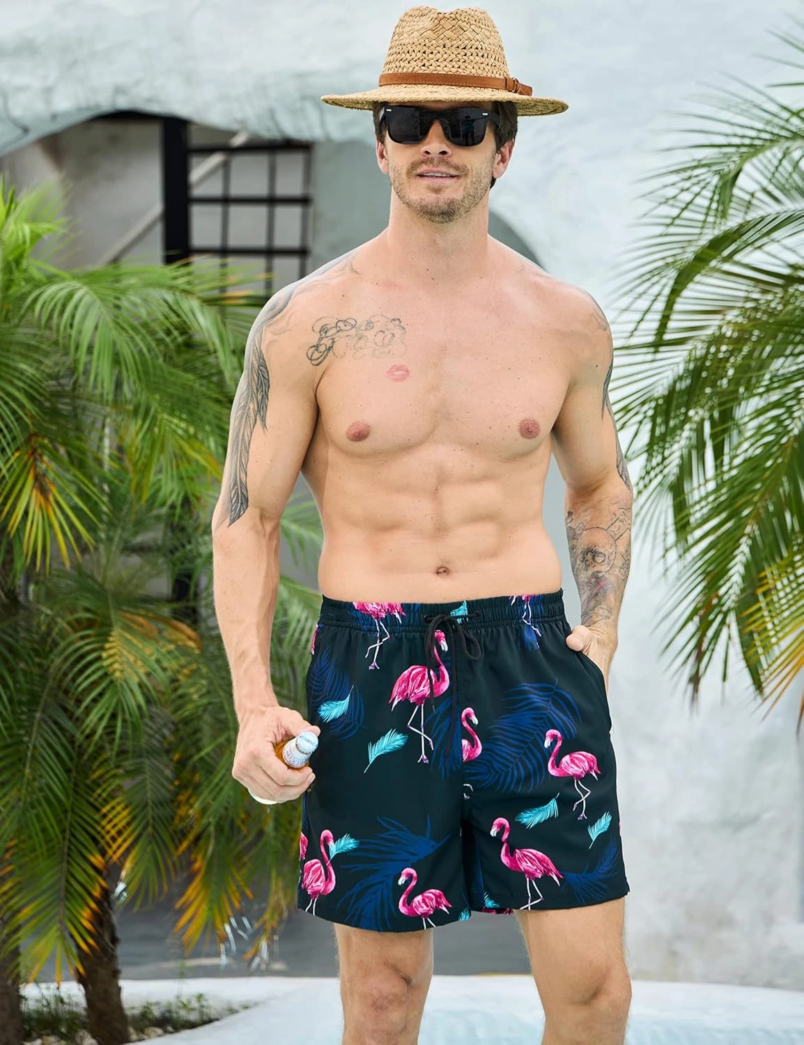 Mens Swim Trunks with Compression Liner Bathing Suits 2 Pack Quick Dry Stretch Beach Shorts 7 inch Inseam Swimwear