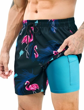 Mens Swim Trunks with Compression Liner Bathing Suits 2 Pack Quick Dry Stretch Beach Shorts 7 inch Inseam Swimwear