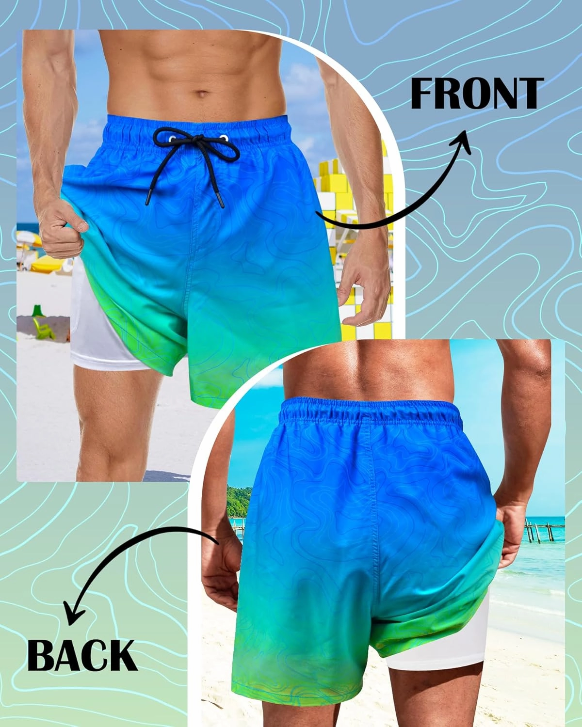 Mens Swim Trunks with Compression Liner Quick Dry Bathing Suits Board Beach Shorts Swim Shorts with Zipper Pocket