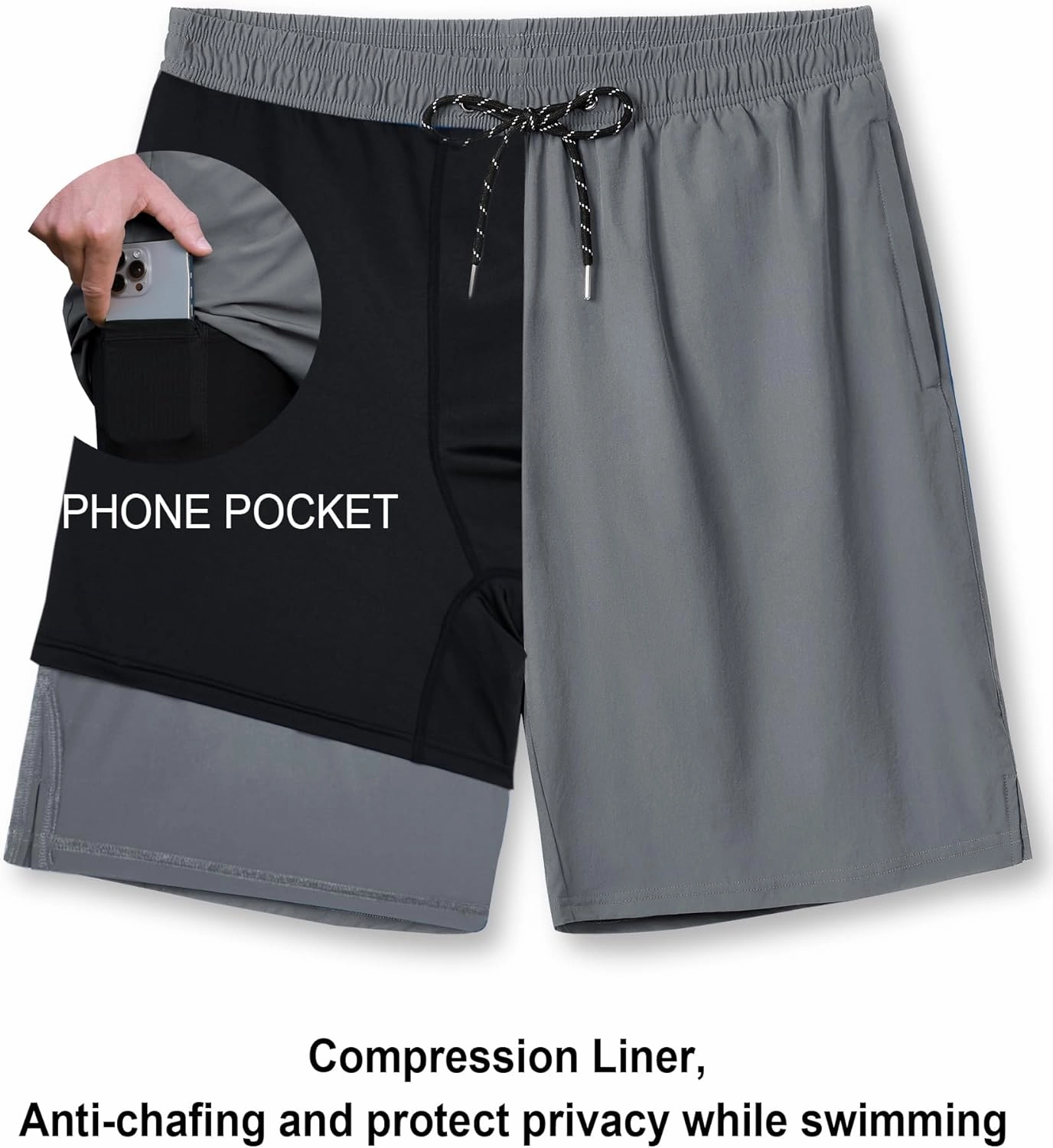Milin Naco Swim Trunks 9 Inch Compression Liner 2 in 1 Quick Dry Swimming Shorts with Zip Pockets Drawstring Bathing Suits