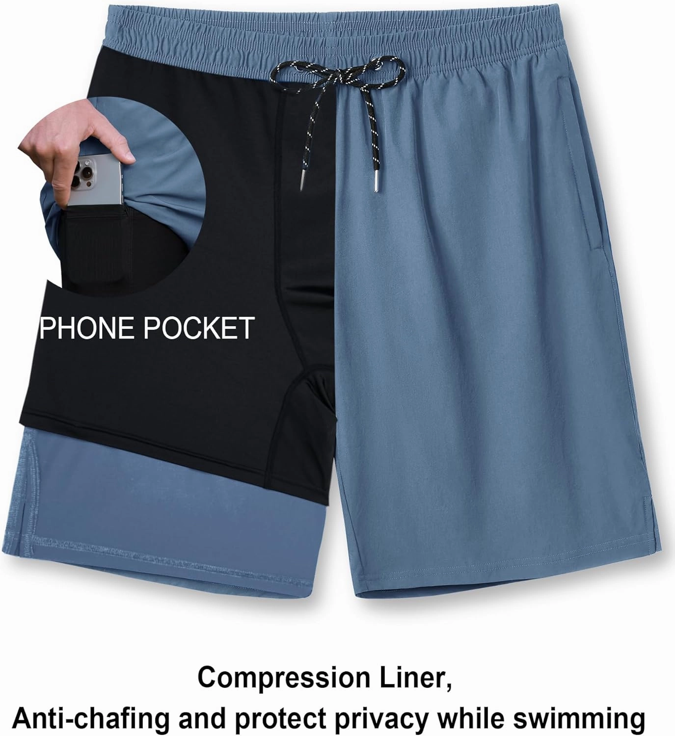 Milin Naco Swim Trunks 9 Inch Compression Liner 2 in 1 Quick Dry Swimming Shorts with Zip Pockets Drawstring Bathing Suits