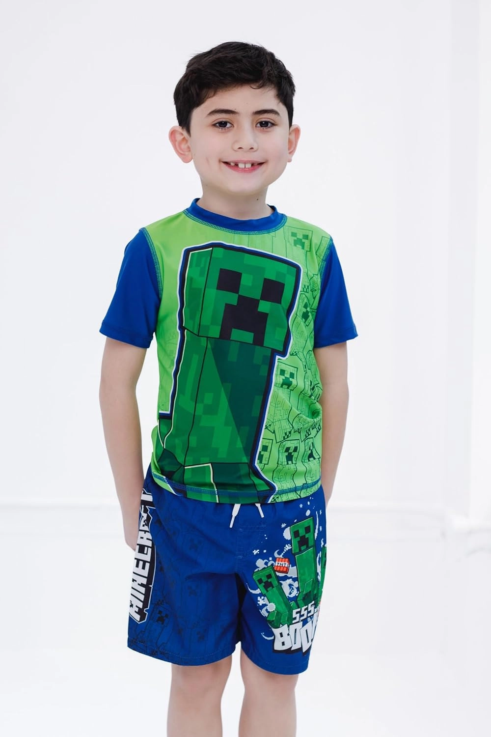 Minecraft Zombie Creeper Alex Steve Rash Guard and Swim Trunks Outfit Set Little Kid to Big Kid