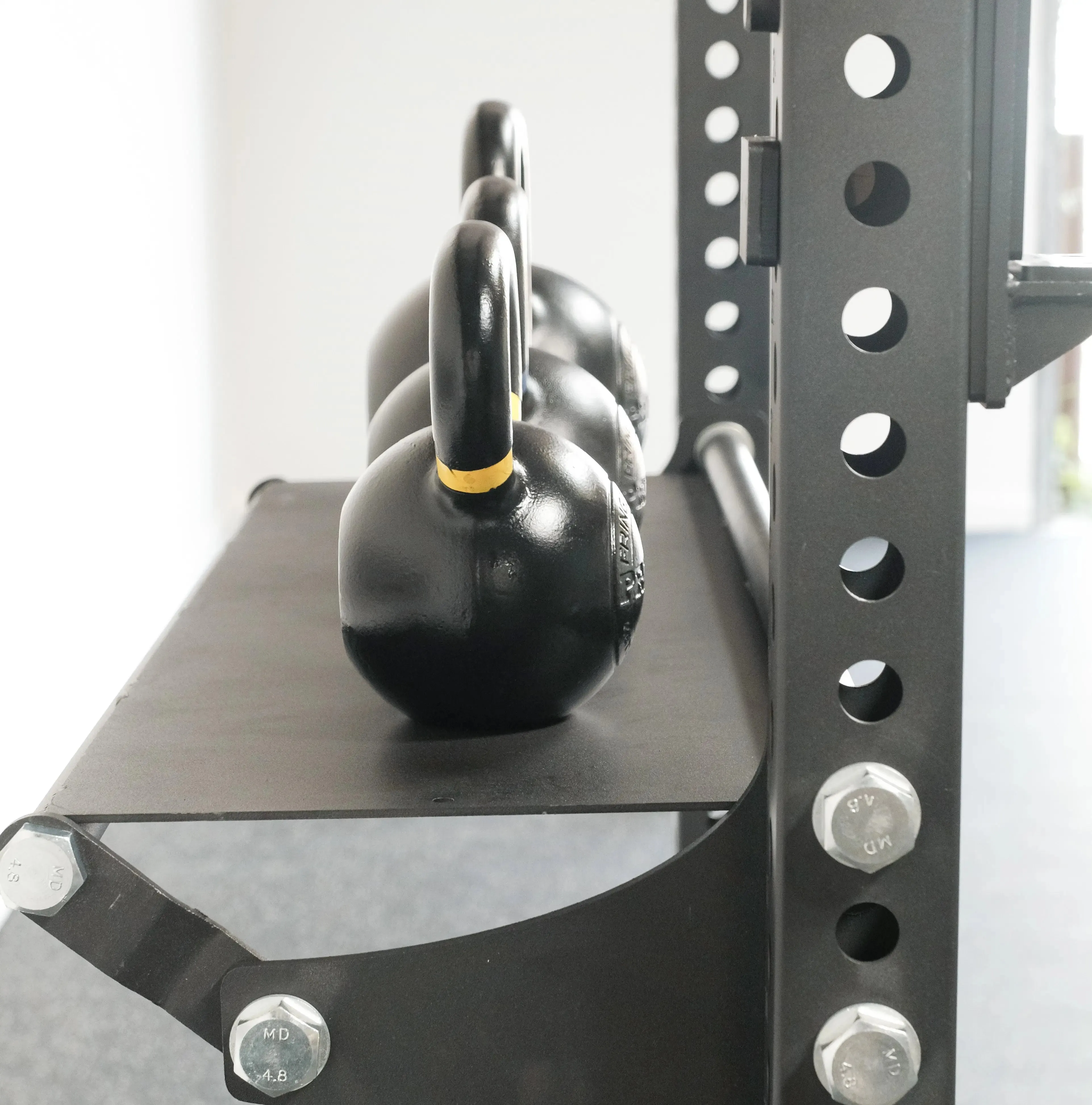 3x3 Fringe Sport Rack Storage Shelf, Mini trampoline rebounder, Rubber Hex Dumbbells, Sandbags,Battleropes
