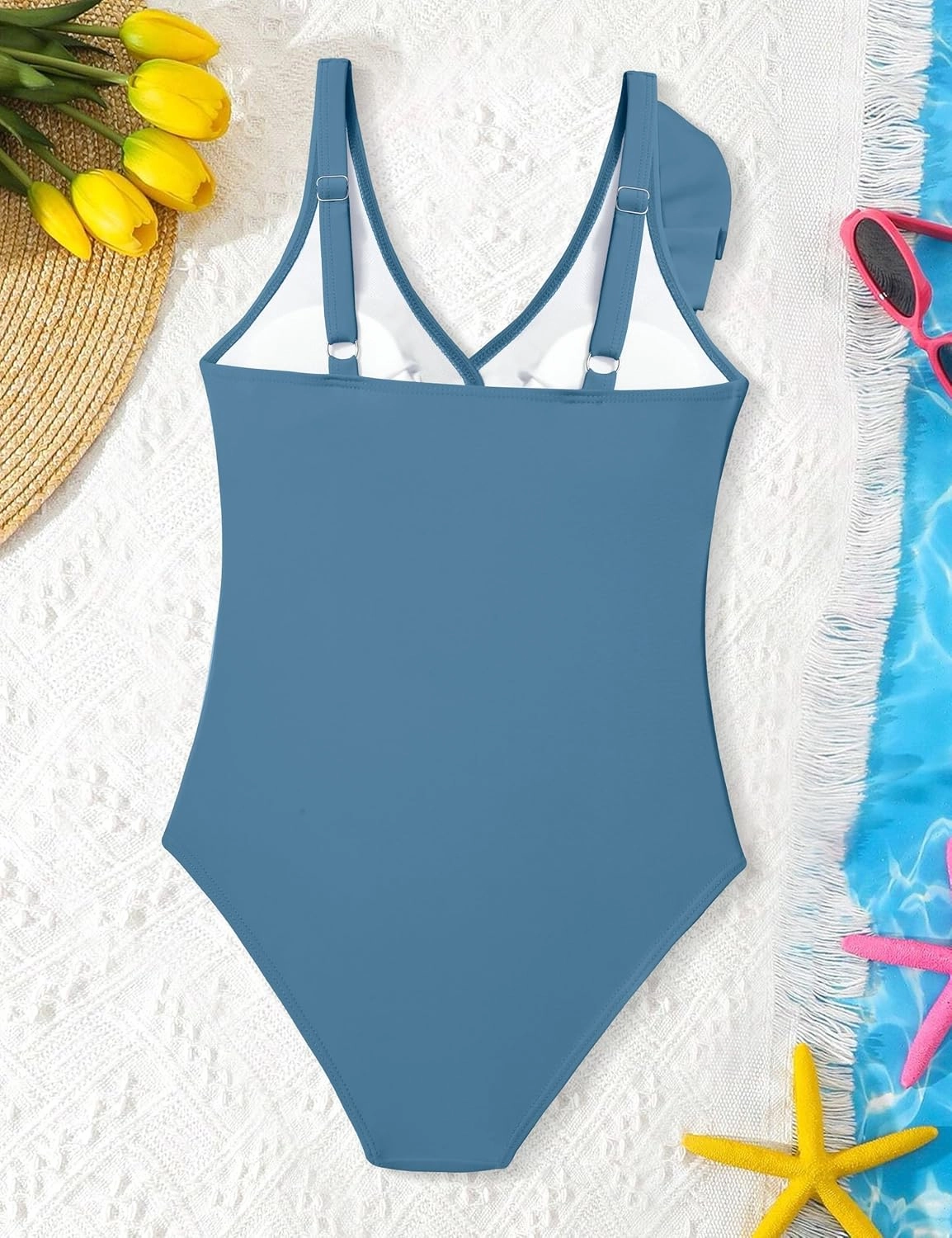 NAPU Girls Swimsuit Ruffle V Neck One Piece Swimsuits Ruched Solid Bathing Suit for Girls Quick Dry Beach Swimwear 9-16 Years