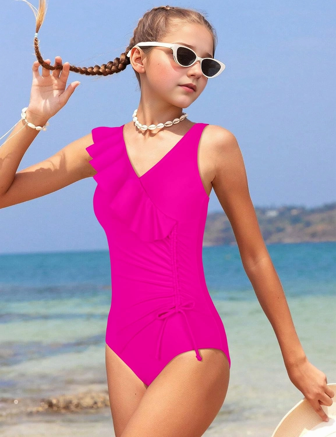 NAPU Girls Swimsuit Ruffle V Neck One Piece Swimsuits Ruched Solid Bathing Suit for Girls Quick Dry Beach Swimwear 9-16 Years