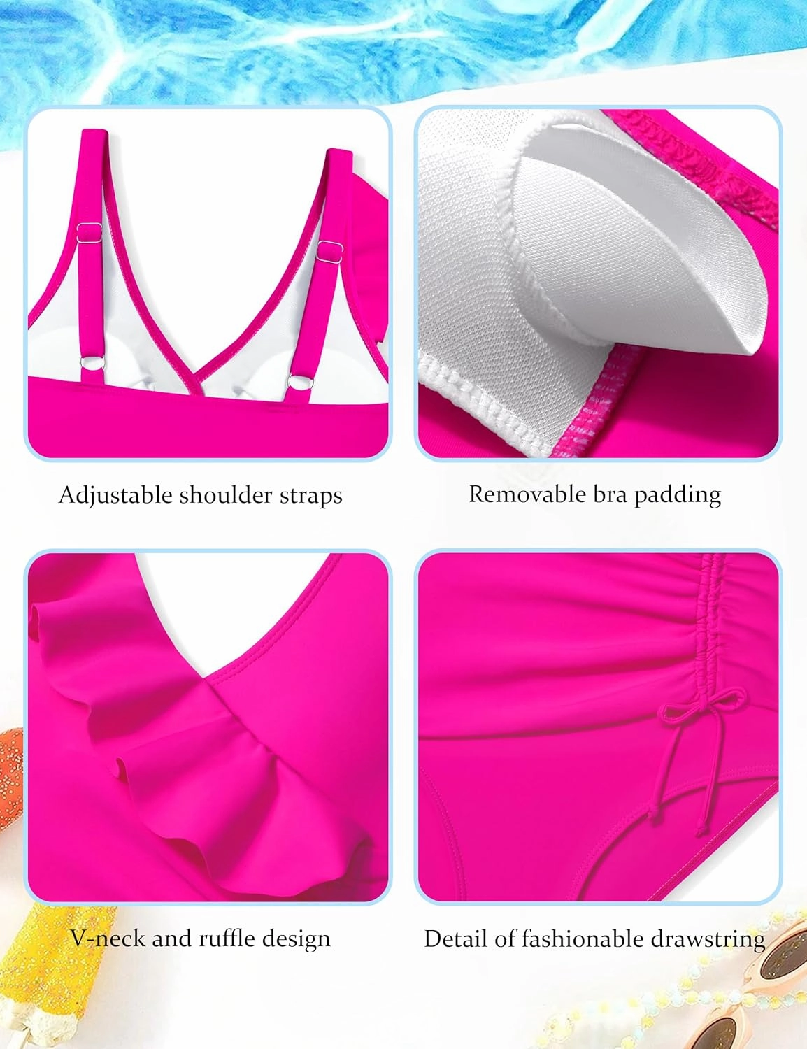 NAPU Girls Swimsuit Ruffle V Neck One Piece Swimsuits Ruched Solid Bathing Suit for Girls Quick Dry Beach Swimwear 9-16 Years