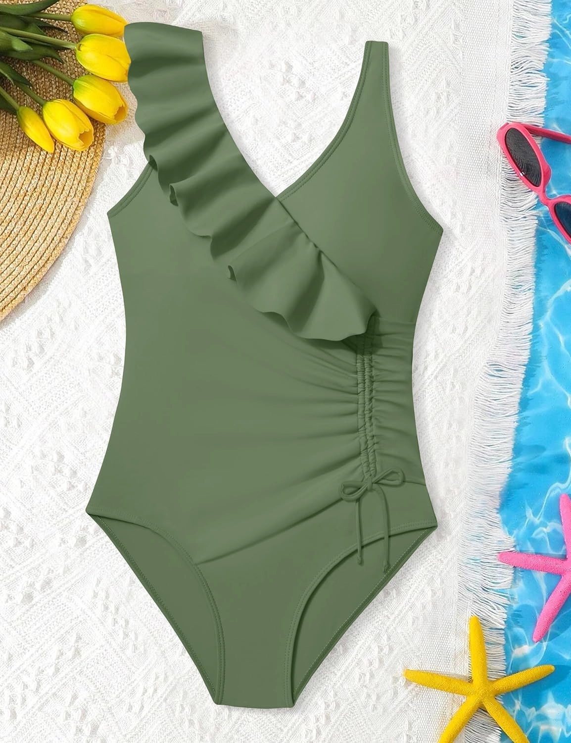 NAPU Girls Swimsuit Ruffle V Neck One Piece Swimsuits Ruched Solid Bathing Suit for Girls Quick Dry Beach Swimwear 9-16 Years