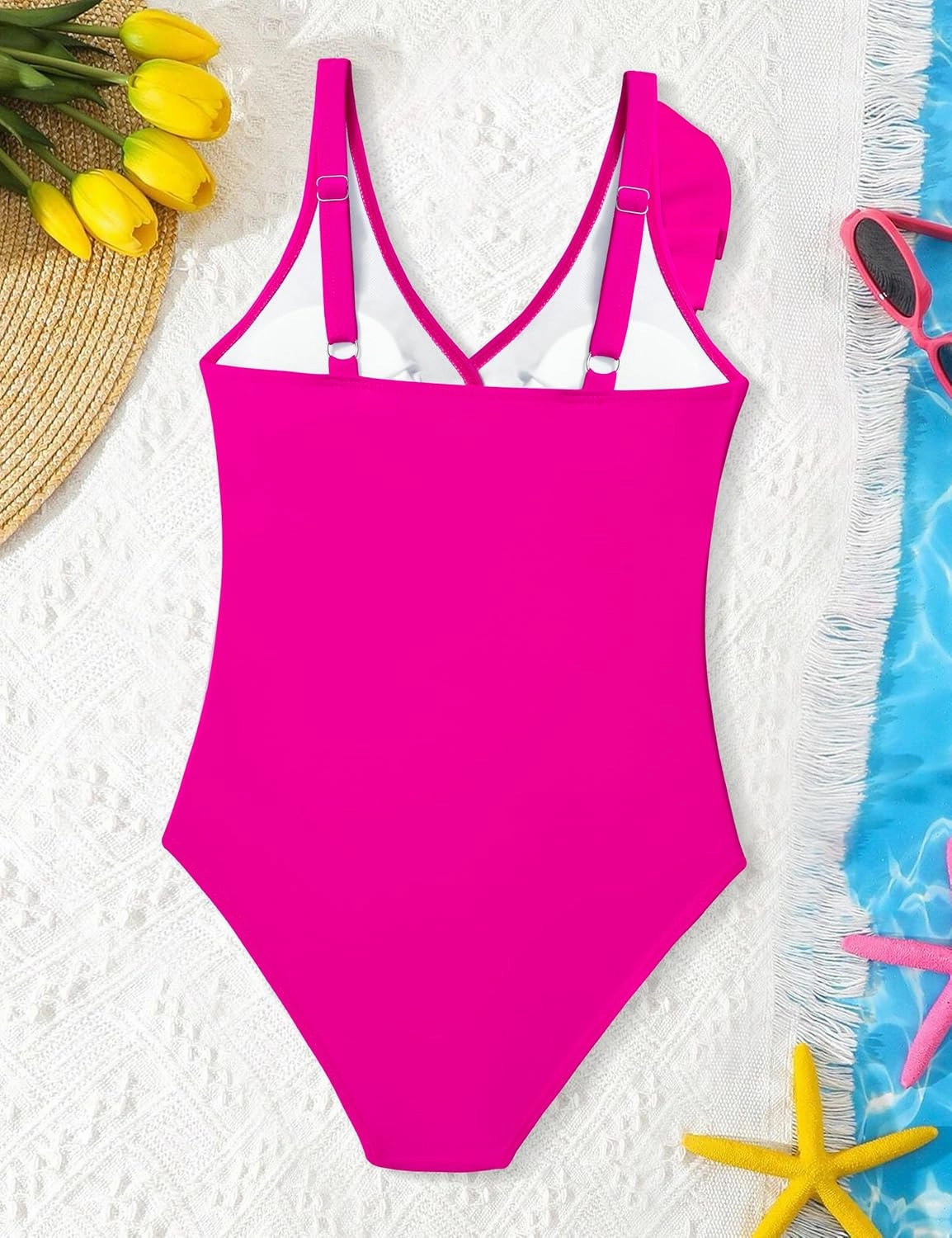 NAPU Girls Swimsuit Ruffle V Neck One Piece Swimsuits Ruched Solid Bathing Suit for Girls Quick Dry Beach Swimwear 9-16 Years