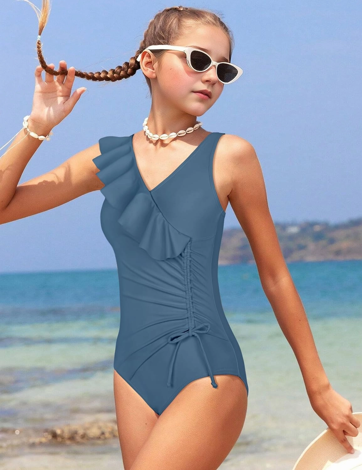 NAPU Girls Swimsuit Ruffle V Neck One Piece Swimsuits Ruched Solid Bathing Suit for Girls Quick Dry Beach Swimwear 9-16 Years
