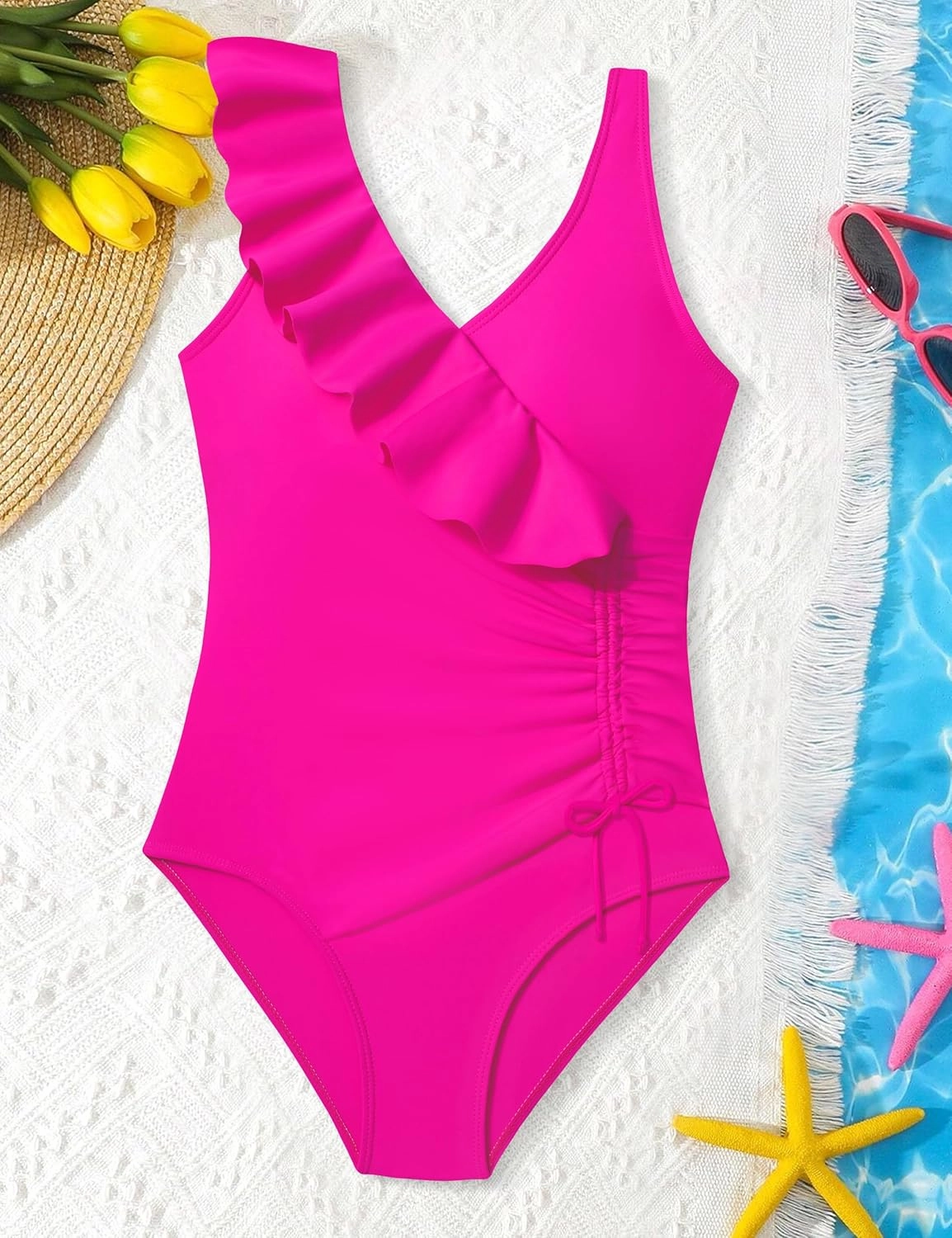 NAPU Girls Swimsuit Ruffle V Neck One Piece Swimsuits Ruched Solid Bathing Suit for Girls Quick Dry Beach Swimwear 9-16 Years
