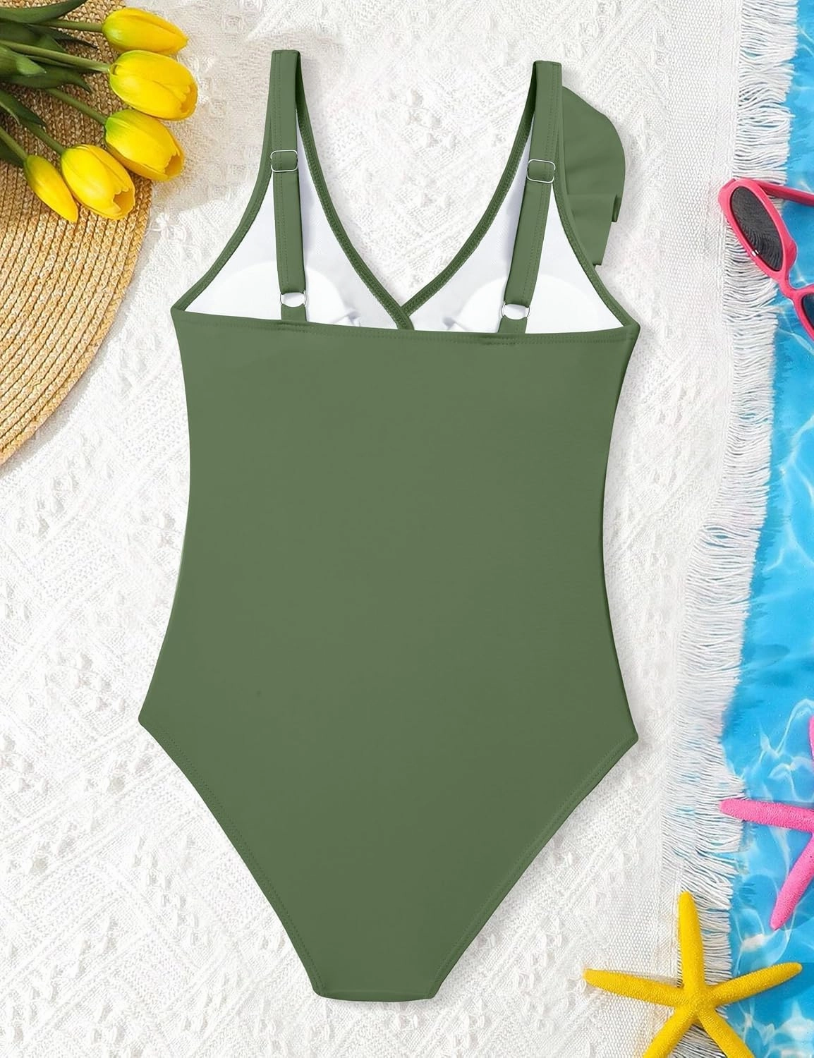 NAPU Girls Swimsuit Ruffle V Neck One Piece Swimsuits Ruched Solid Bathing Suit for Girls Quick Dry Beach Swimwear 9-16 Years