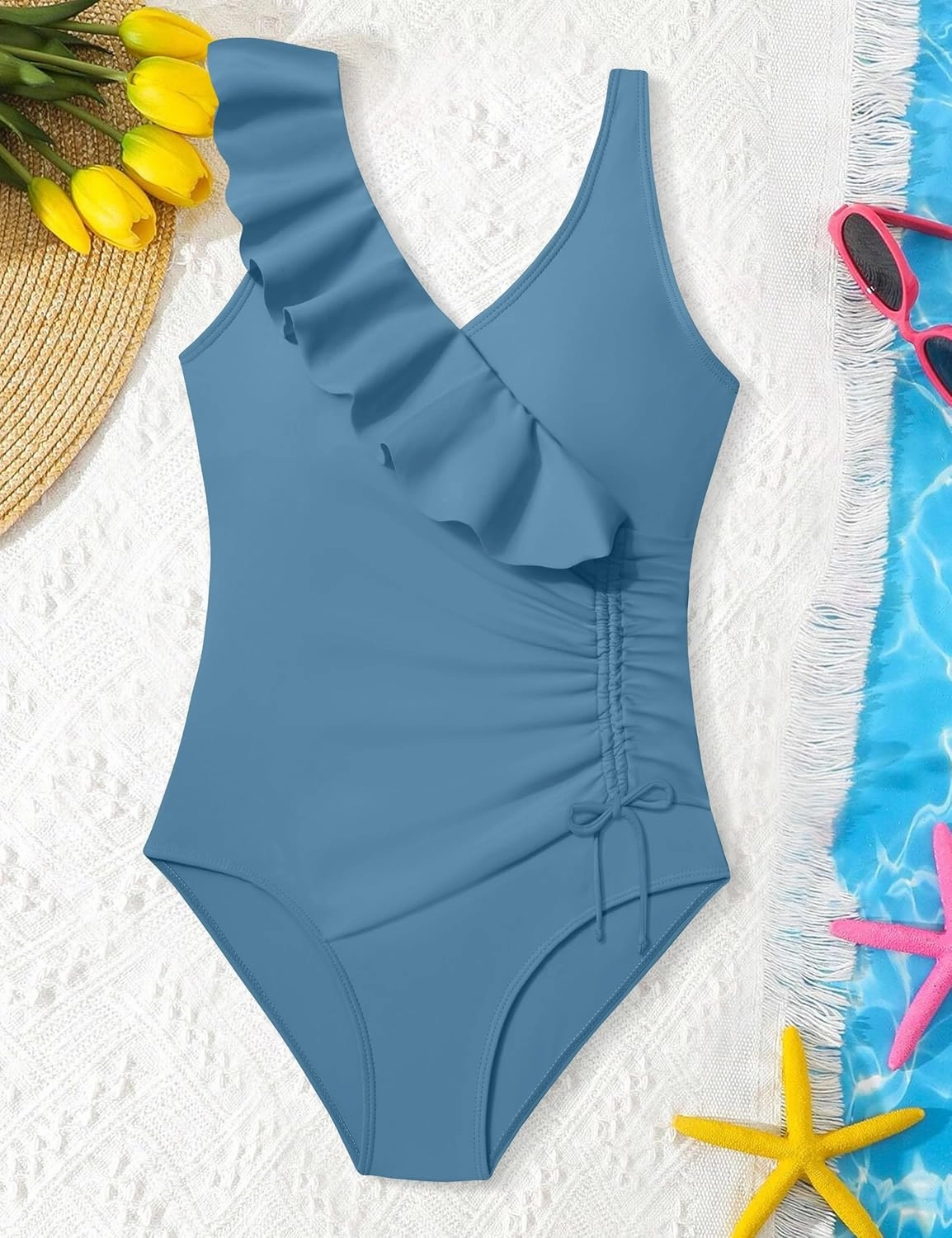 NAPU Girls Swimsuit Ruffle V Neck One Piece Swimsuits Ruched Solid Bathing Suit for Girls Quick Dry Beach Swimwear 9-16 Years