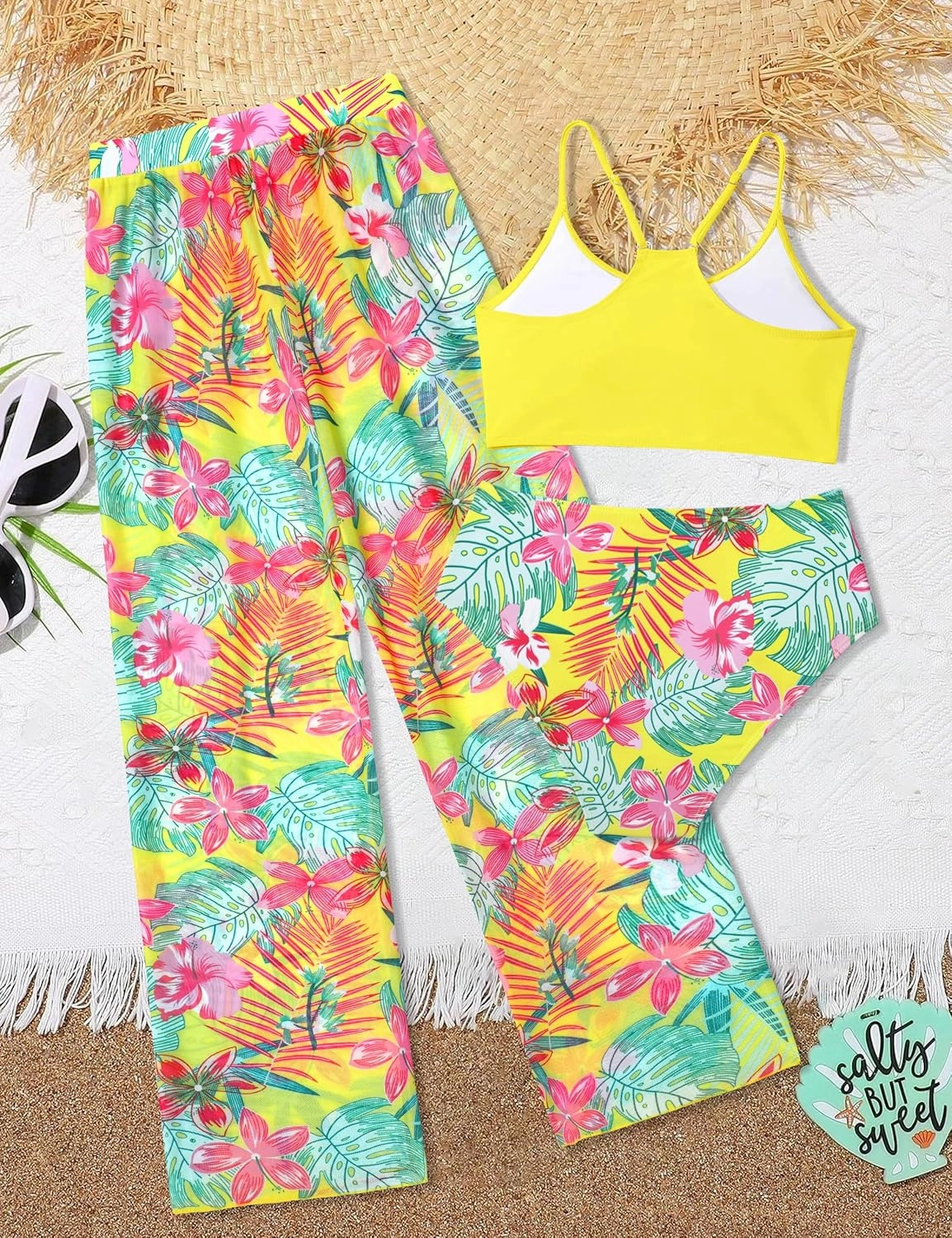 NECIOUS Girls Swimsuit, 3 Piece Bikini Bathing Suit Tropical Floral Swimwear with Cover Up Pants 7-16Y