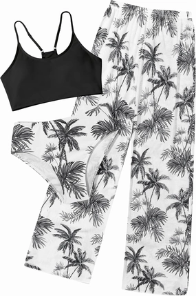 NECIOUS Girls Swimsuit, 3 Piece Bikini Bathing Suit Tropical Floral Swimwear with Cover Up Pants 7-16Y