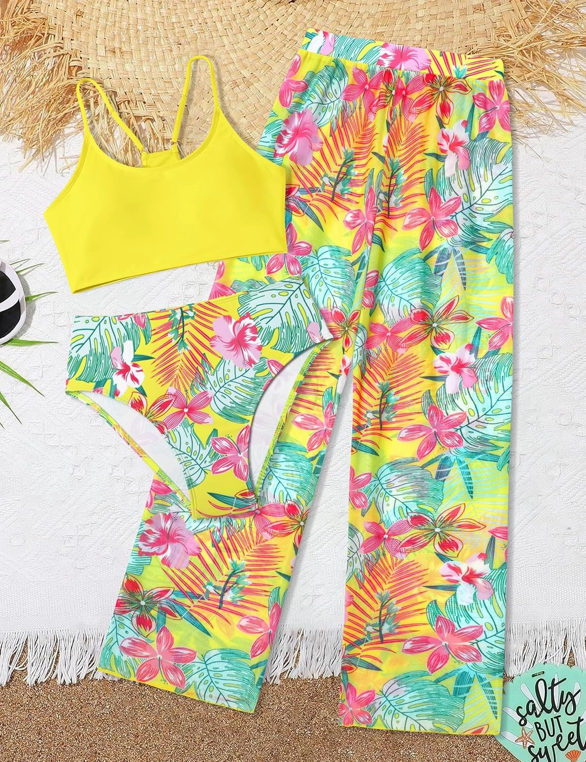 NECIOUS Girls Swimsuit, 3 Piece Bikini Bathing Suit Tropical Floral Swimwear with Cover Up Pants 7-16Y
