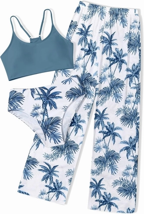 NECIOUS Girls Swimsuit, 3 Piece Bikini Bathing Suit Tropical Floral Swimwear with Cover Up Pants 7-16Y