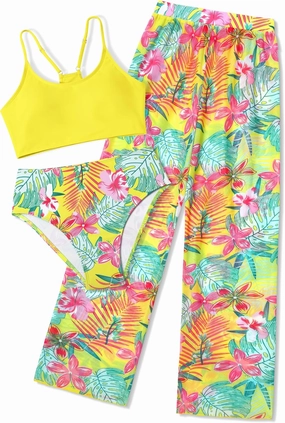 NECIOUS Girls Swimsuit, 3 Piece Bikini Bathing Suit Tropical Floral Swimwear with Cover Up Pants 7-16Y
