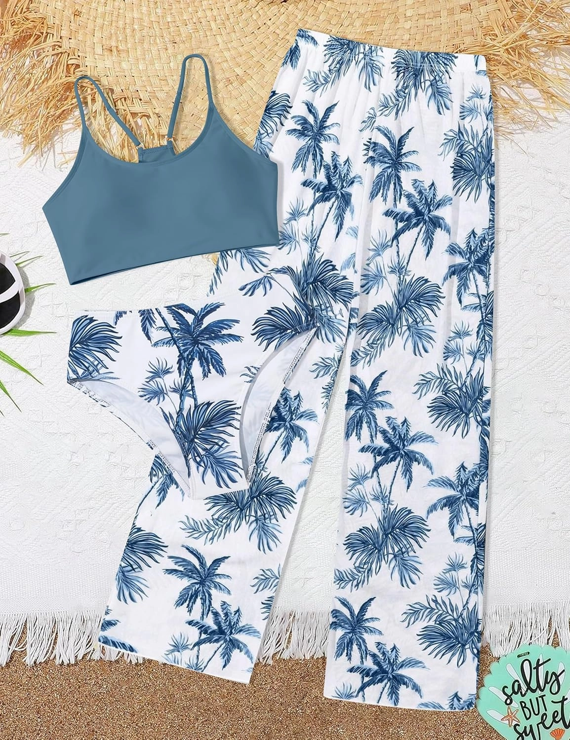 NECIOUS Girls Swimsuit, 3 Piece Bikini Bathing Suit Tropical Floral Swimwear with Cover Up Pants 7-16Y