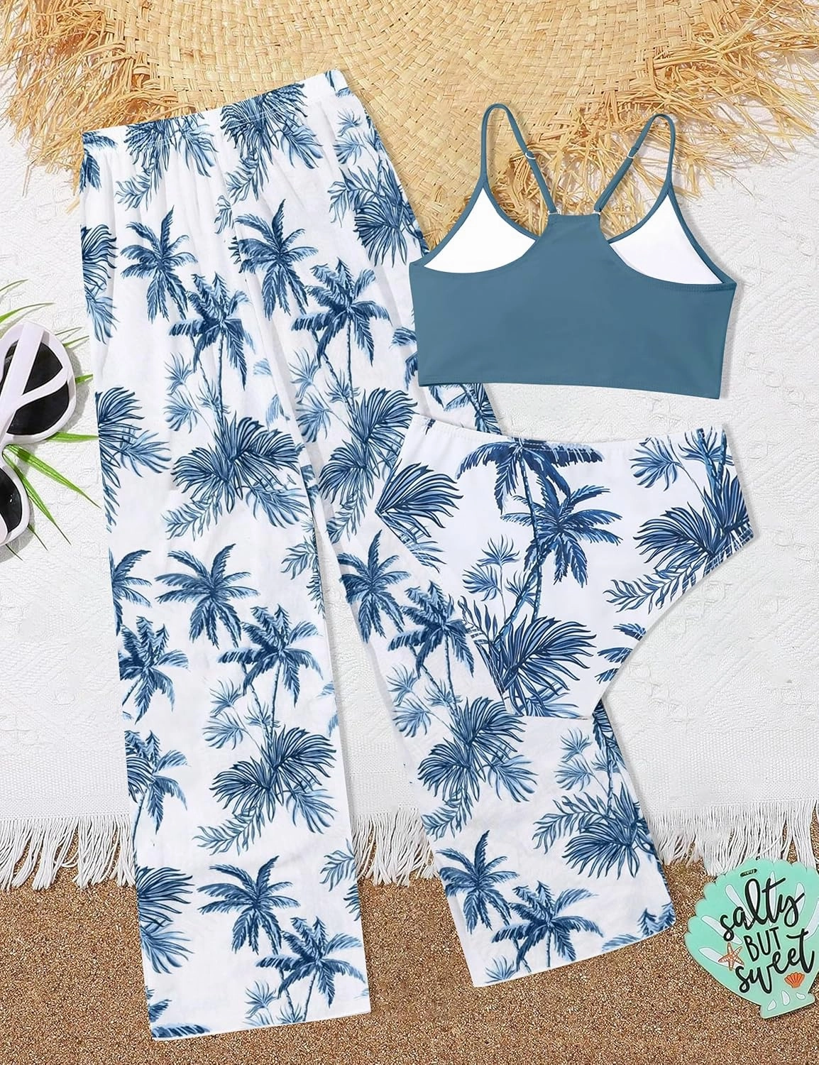 NECIOUS Girls Swimsuit, 3 Piece Bikini Bathing Suit Tropical Floral Swimwear with Cover Up Pants 7-16Y