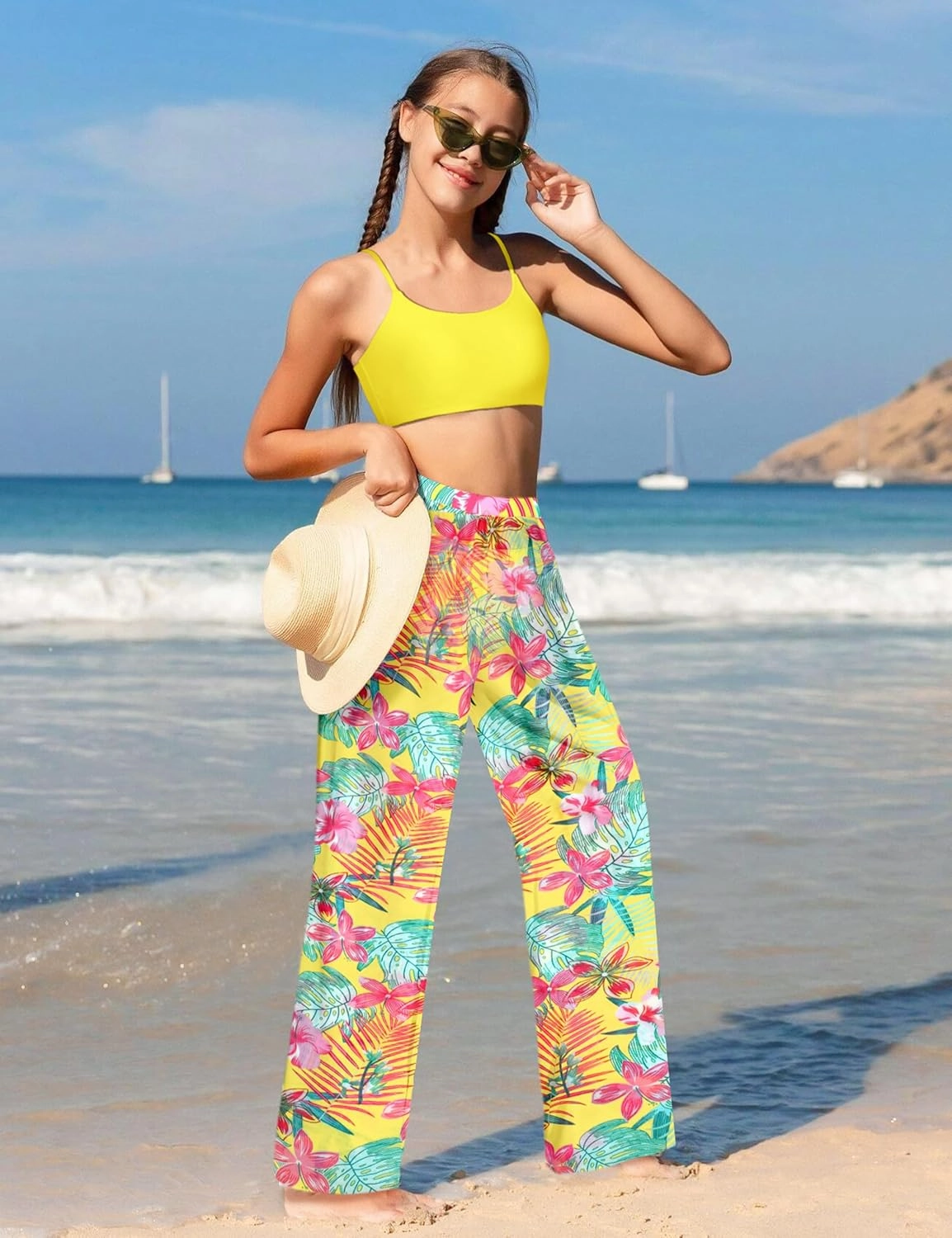 NECIOUS Girls Swimsuit, 3 Piece Bikini Bathing Suit Tropical Floral Swimwear with Cover Up Pants 7-16Y