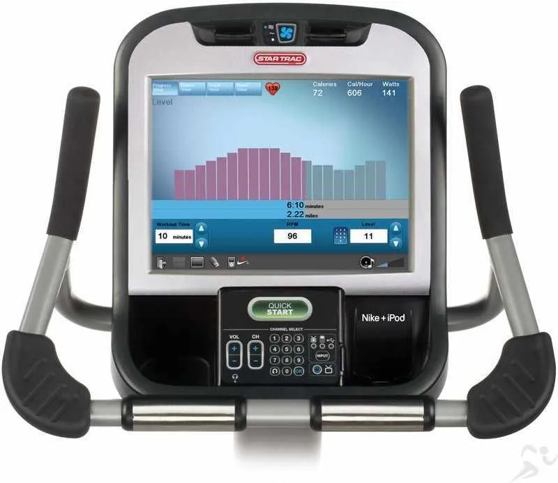Star Trac E-UBe E Series Upright Bike (With Embedded Touchscreen), Yoga Bolster, Fixed Barbell Set