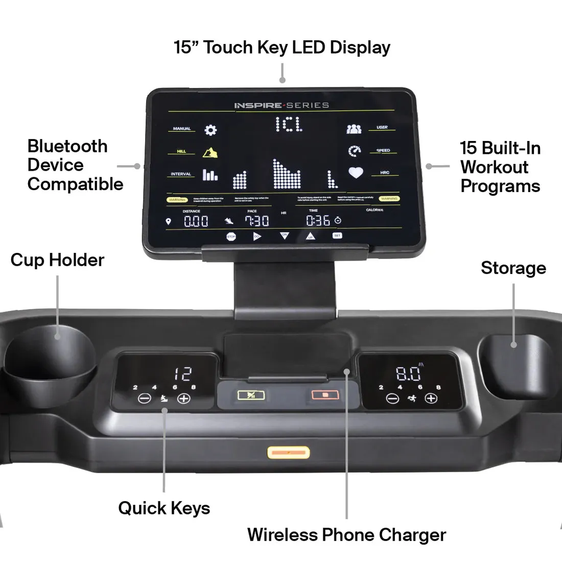 Inspire Series - T5 Treadmill with 15" LED Display, Weightlifting chalk, Dumbbell Storage