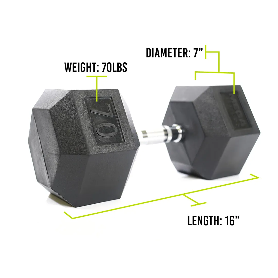 Mega Fitness - Rubber Hex Dumbbell 70lbs, Compact gym equipment for small spaces, Bamboo foam roller