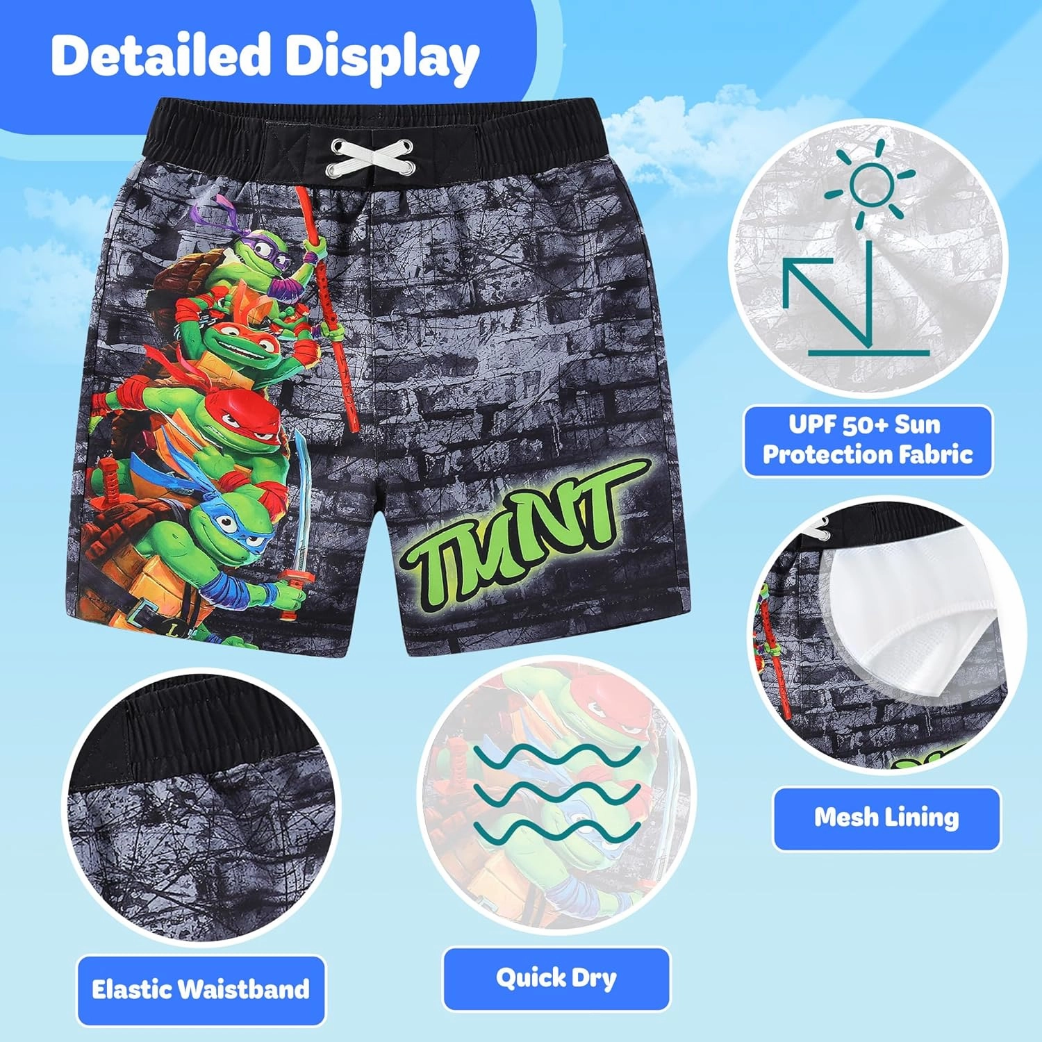 Nickelodeon Teenage Mutant Ninja Turtles Boys UPF 50  Swim Trunks Bathing Suit for Big Kids