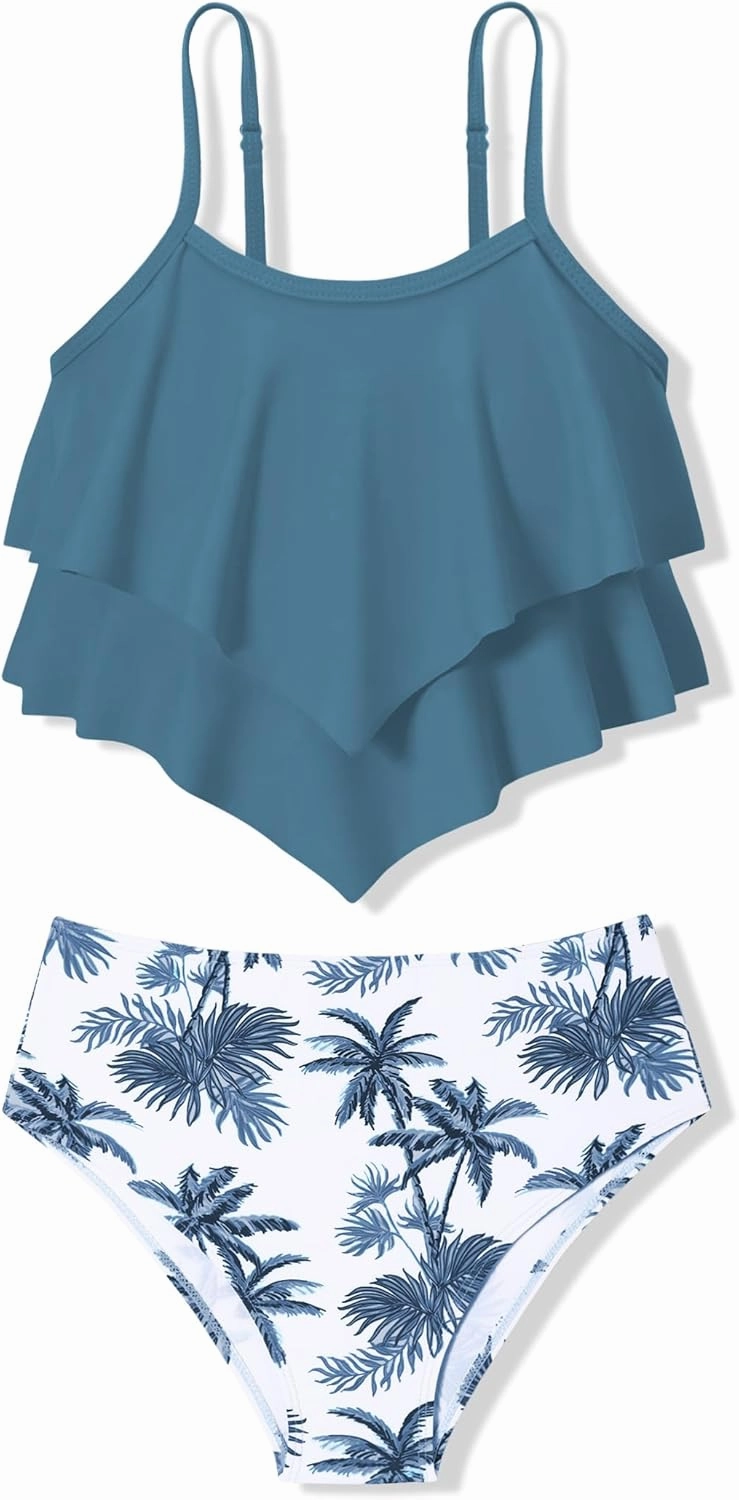 oklady Girls Swimsuit 2 Piece Bikini Set Tiered Ruffled Bathing Suit Adjustable Straps Girls' Swimwear
