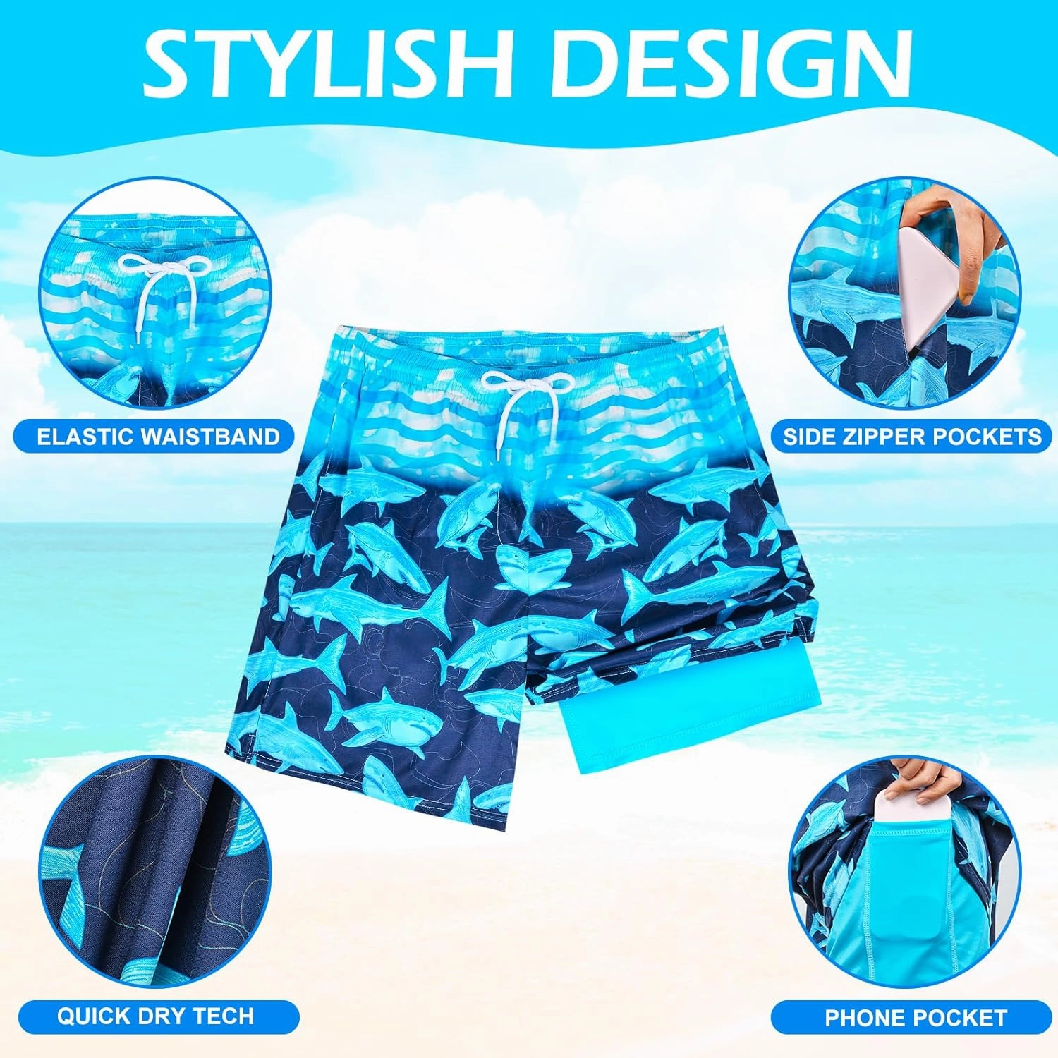 OlyPegic Men's Swim Trunks with Compression Liner Board Beach Shorts Quick Dry Swim Shorts Bathing Suits with Zipper Pock