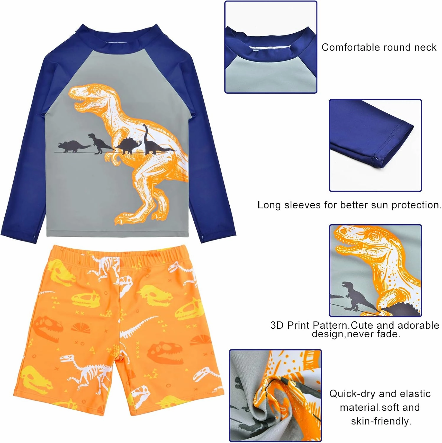 PASHOP Boys Swimsuit Rash Guard Boys' Swimwear Dinosaur Swimming Suits Bathing Suit for Toddler Boys Swim Trunk