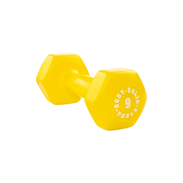 Power Up Your Day Bodysolid Yellow 9lb Vinyl Dumbbell Crowd Favorite, Weight Plate Storage, Deadlift platform
