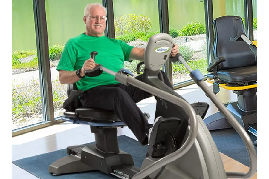 NuStep T5 Recumbent Elliptical Stepper Cross-Trainer, Overhead pulley storage, Childrens resistance bands, Indoor slide playground