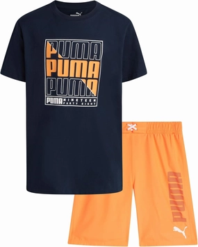 PUMA Boys Swim Set - Bathing Suit Swim Trunks with Matching Basic Short Sleeve T-Shirt - Swimwear Set for Big Boys (8-20)