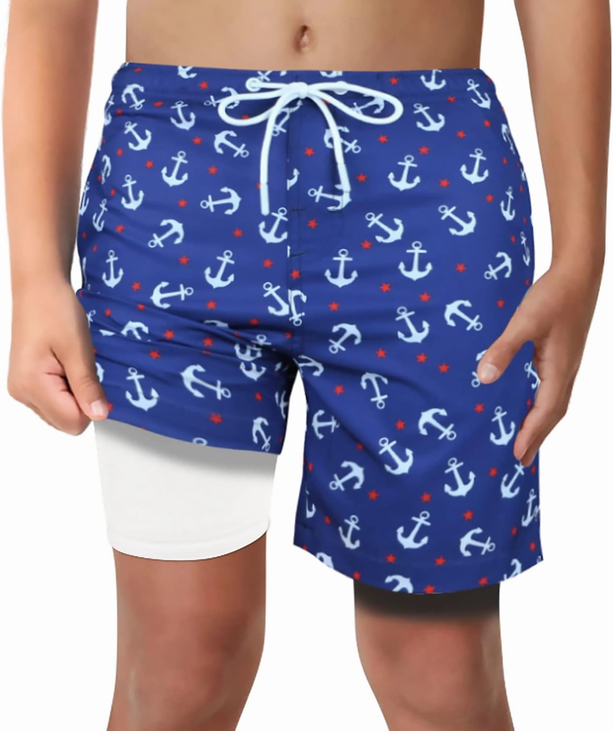 QRANSS Boys Swim Trunks with Compression Liner,No Mesh Anti-Chafing Comfy Swimming Trunks with Boxer Brief Liner,Size 6-20
