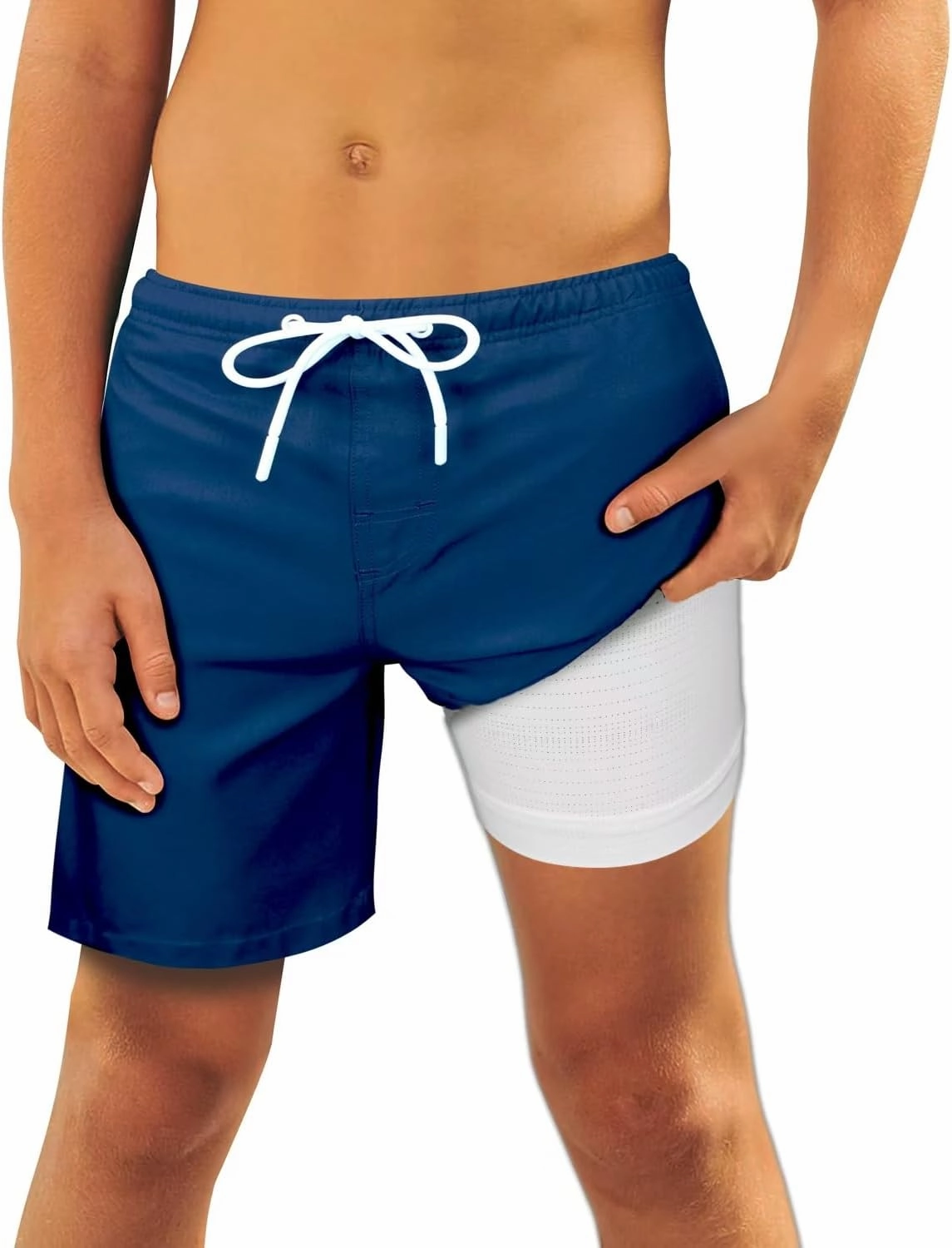 QRANSS Boys Swim Trunks with Compression Liner,No Mesh Anti-Chafing Comfy Swimming Trunks with Boxer Brief Liner,Size 6-20