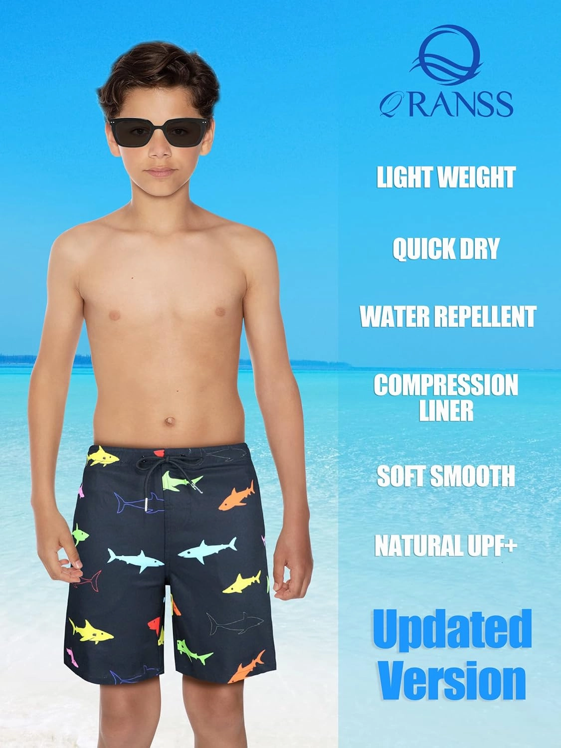 QRANSS Boys Swim Trunks with Compression Liner,No Mesh Anti-Chafing Comfy Swimming Trunks with Boxer Brief Liner,Size 6-20