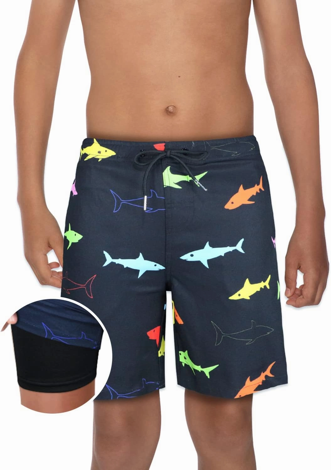 QRANSS Boys Swim Trunks with Compression Liner,No Mesh Anti-Chafing Comfy Swimming Trunks with Boxer Brief Liner,Size 6-20