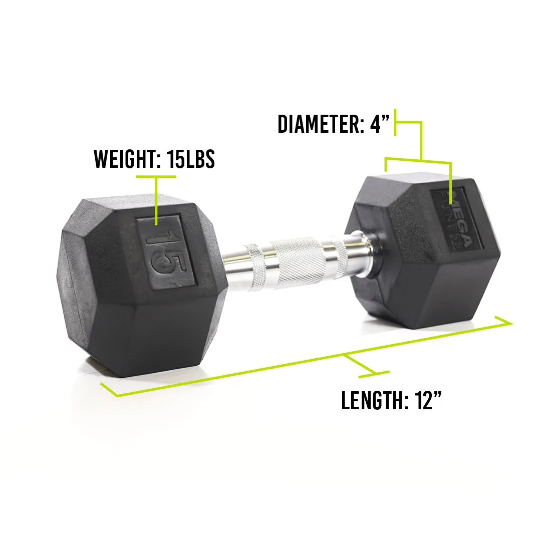 Mega Fitness - Rubber Hex Dumbbell 15lbs, Collars, Fixed Barbell Set