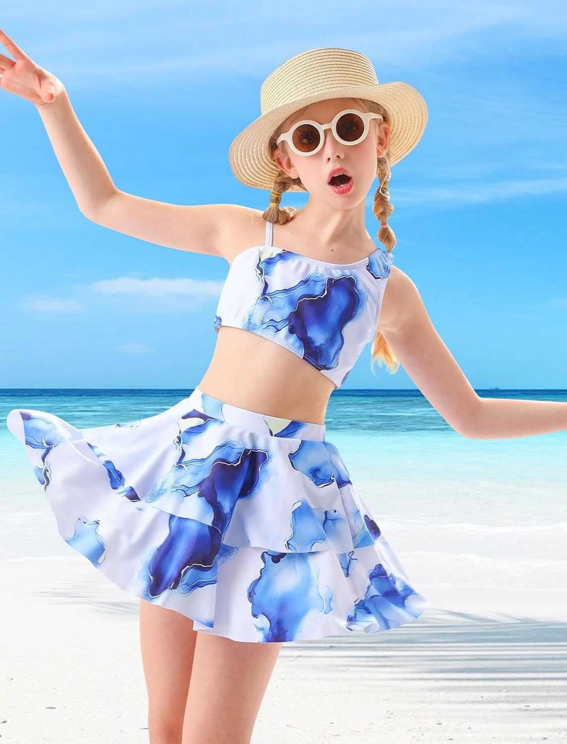 RAISEVERN Girls Swimsuit 3 Piece Bathing Suits Cute Quick Dry Bikini Tankini Sets with Cover Ups Beach Skirt for 5-12 Years