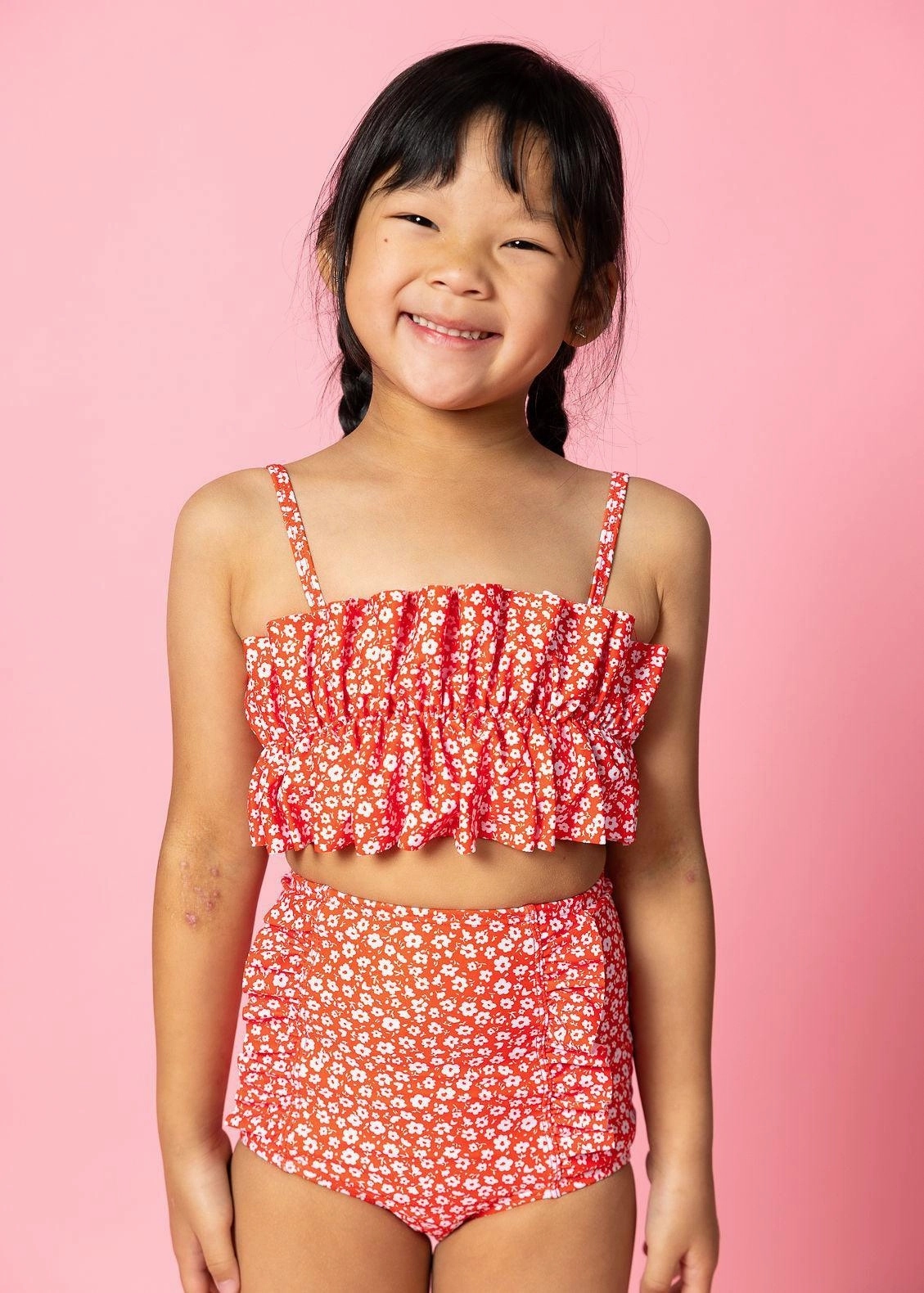 Red Ditsy Floral | Mini Down in Front Ruffle Bottoms
