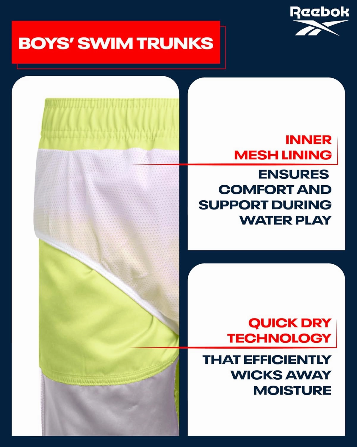 Reebok Boys' Board Shorts - UPF 50  Swim Trunks - Quick Dry Bathing Suit for Boys (8-20)