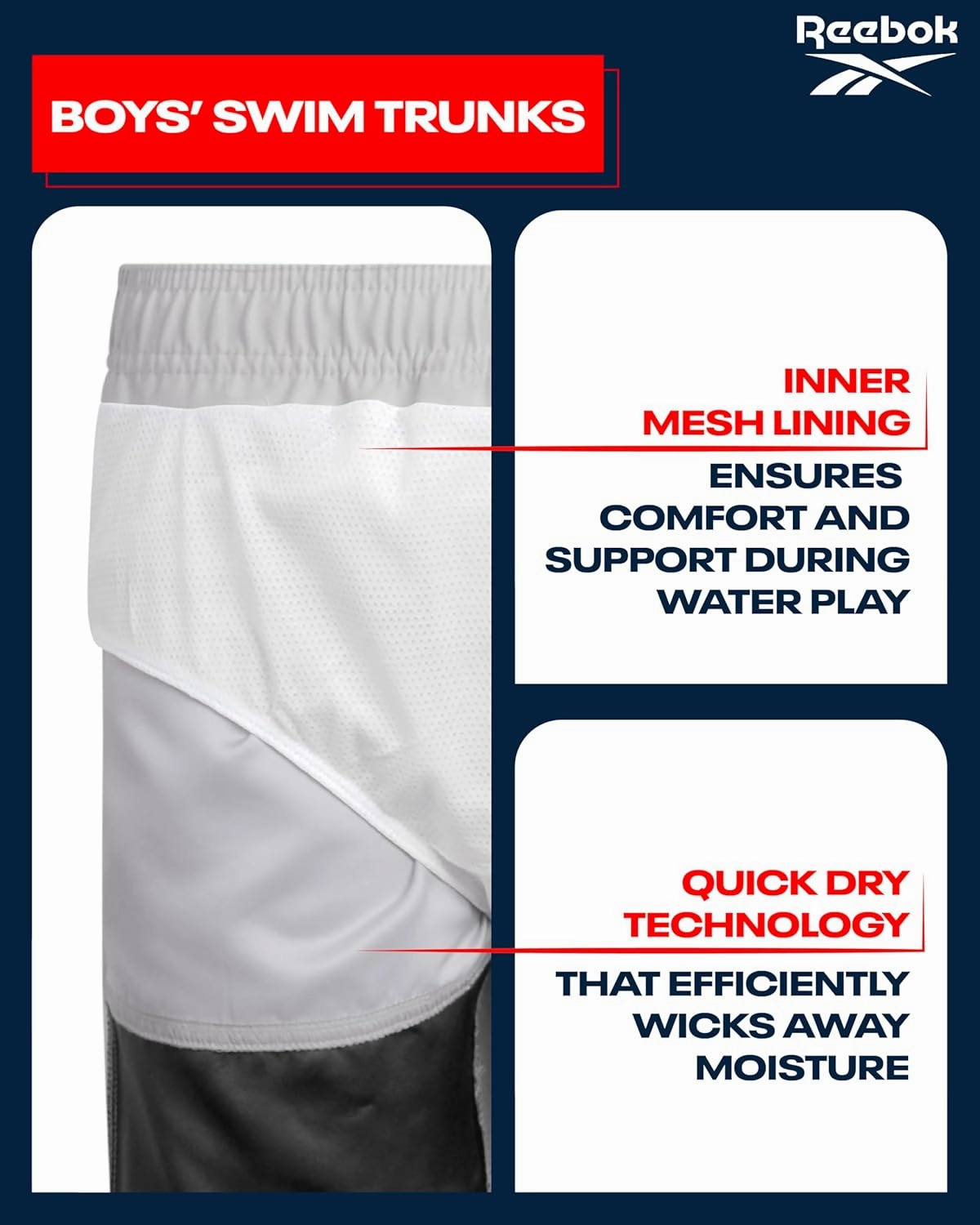 Reebok Boys' Board Shorts - UPF 50  Swim Trunks - Quick Dry Bathing Suit for Boys (8-20)